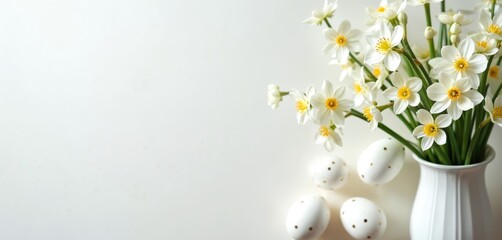 White narcissus flowers in vase with speckled eggs on table. Spring easter holiday celebration. Minimalist decor for greeting card or invitation. Clean background with copy space.