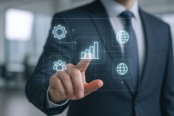 Business Professional Analyzing Growth Analytics on a Transparent Digital Screen Interface Displaying Global Business Networking