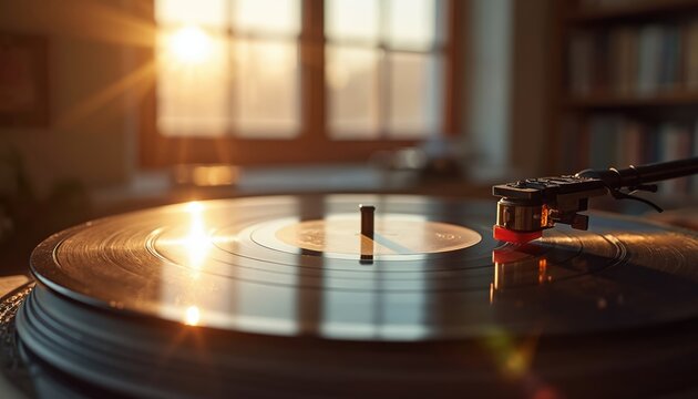 Turntable needle on vinyl record plays music with golden sun rays streaming through window. Vintage audio equipment for listening albums in cozy room.