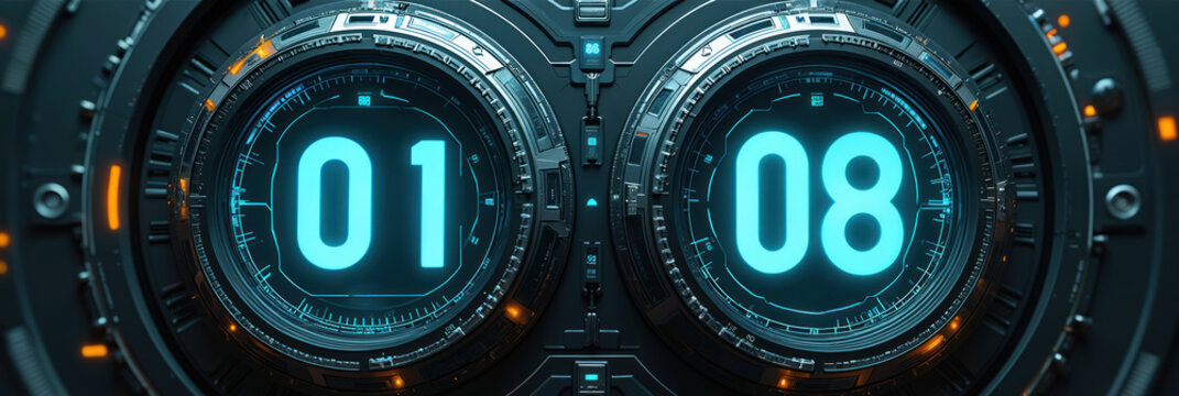 Futuristic digital timer displays numbers 01 and 08. Glowing blue digits on dark mechanical background. Sci fi interface for countdown or data.