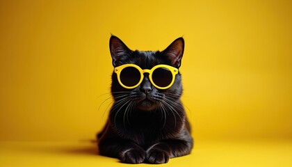 Black cat sports yellow sunglasses against bright yellow backdrop. Feline appears cool and trendy with playful expression. This graphic illustration is perfect for fashion or pet-related projects.