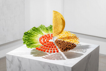 Deconstructed Taco Art - ingredients of a taco are artistically separated and levitating above a white marble pedestal.