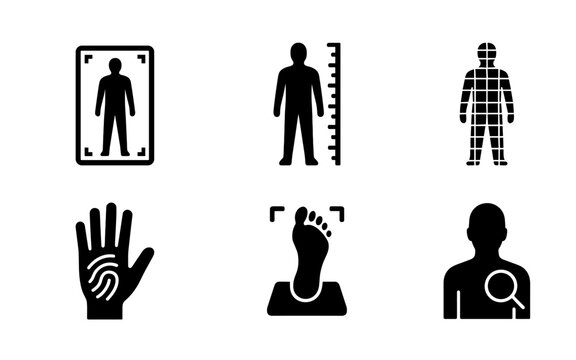 Biometric screening silhouette icons set, body scan icon, palm and foot scan