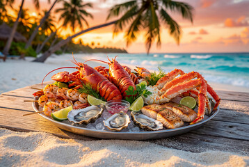 Deluxe Seafood Assortment - a close-up view of a seafood platter featuring bright red lobsters, crab legs, and fresh oysters on ice.