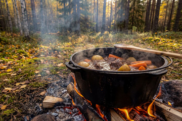 Forest Campfire Stew - a black cast iron pot hangs over a campfire, simmering a hearty stew in a sunlit autumn forest.