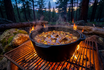 Campfire Beef Stew - beef stew with carrots and potatoes bubbles in a cast iron dutch oven over a grilling grate and open fire.