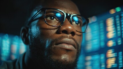African American Man Analyzing Data on Multiple Computer Screens for Business Decisions and Insights
