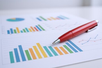 Business analysis with graphs and charts showing business growth along with a red pen, presenting financial data