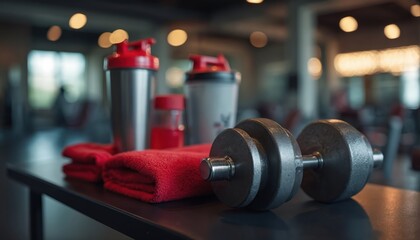 Dumbbell rests on gym bench next to red towel and protein shaker bottles. Fitness equipment sits ready for workout session in blurred club background. Health and strength.