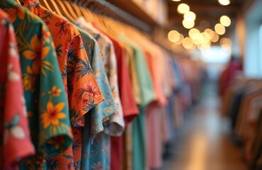 Obraz premium Various colorful shirts with floral patterns hang on a clothes rack. Apparel displayed in a retail clothing store. Summer wear outfits on sale. Shopping inside a fashion boutique shop.