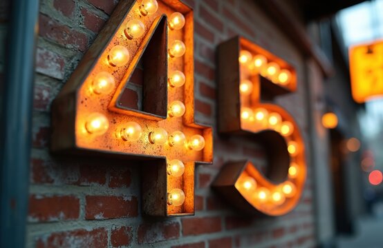 Retro marquee letters spell out forty-five, illuminated by warm glowing bulbs on a brick wall. These vintage numbers celebrate a milestone or anniversary event with festive charm and vibrant light.