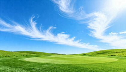 Green Golf Fairway Under Bright Sky with Cirrus Clouds