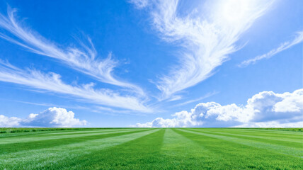 Sunlit Green Field with Cirrus Clouds and Blue Sky