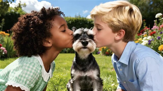 Una niña y un niño  besando simultáneamente a un Schnauzer miniatura de expresión tierna