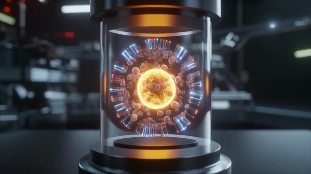 Bio-Quantum Nano Field Module showcasing a viral particle, conceptual scientific research into microscopic biological entities and advanced containment