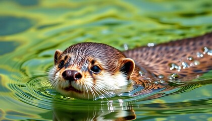 Close-up of a playful otter pup swimming in clear water, mammal, animal