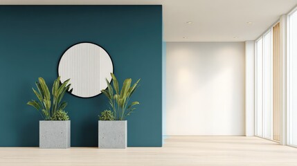 Modern Interior Design with Teal Accent Wall, Round Mirror, Plants and Light Hardwood Flooring