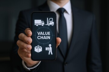Value Chain Presentation on Smartphone Display Held by Professional in Dark Suit with Tie