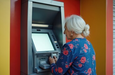 Elderly woman uses ATM machine for cash withdrawal or payment. Senior lady inserts card, enters pin code on keypad. Banking transaction at outdoor terminal.