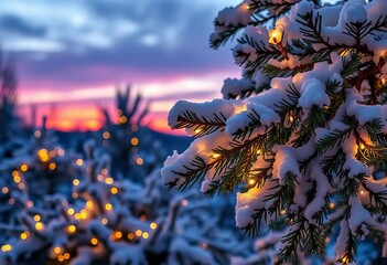 Snow-covered pine branches adorned with twinkling fairy lights against a twilight sky, fairy lights, magic