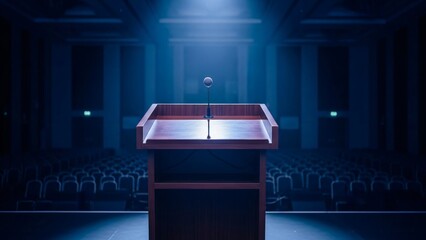 Empty Lecture Hall Stage with Podium Microphone for Public Speaking Events & Presentations