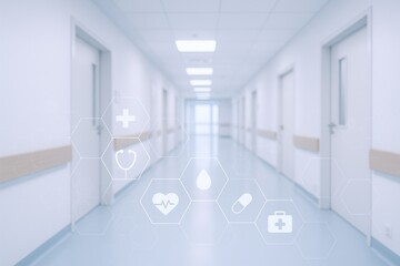 Hospital hallway interior with medical icons overlay, symbolizing healthcare technology and innovation