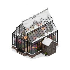Isometric Victorian Greenhouse in Winter with Snow and Vibrant Flowers