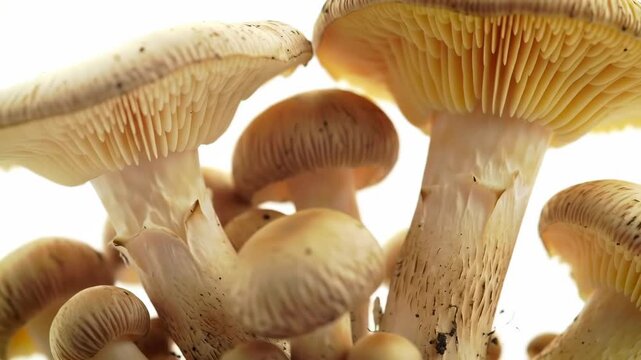 Detailed close-up of a cluster of tan and cream mushrooms with visible gills. Set against a bright white background, focusing on nature's raw beauty.