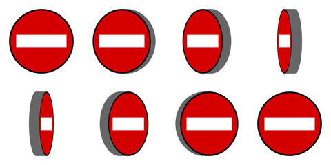 8 Frame Sprite Sheet of Red and White Round Stop Sign Do Not Enter or Closed Symbol Icon Set with Outline for Game or App Animation. Vector Image.