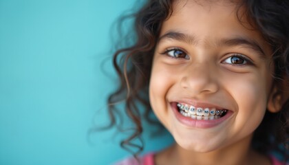Indian child smiles showing metal braces on teeth. Happy young girl with curly hair has orthodontic treatment. Focus on healthy smile and dental care for kids.