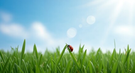 A vibrant red ladybug perches delicately on a fresh green blade of grass under a brilliant blue sky with bright sunbeams and soft bokeh.