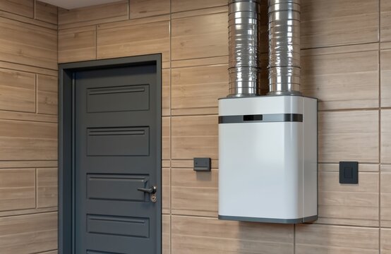 Home ventilation system with heat recovery unit mounted on wood imitation tile wall near modern grey door. Metal pipes connect to white device for air circulation, energy saving in eco friendly house.