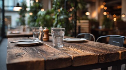 Rustic Restaurant Table Setting with Plates, Glassware, and Wooden Tabletop in a Stylish Atmosphere