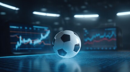 Soccer ball with financial charts background representing sports investment and trading strategies in a digital environment