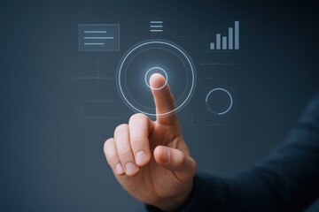 Human hand touching virtual interface, interacting with digital data, futuristic technology, and modern data analysis