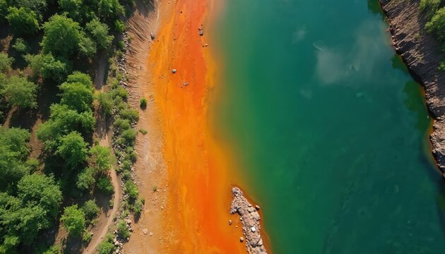 Aerial view shows river bank with green trees. Water body has bright orange and turquoise colors. Shows pollution from acid mine drainage impacting ecosystem and nature.