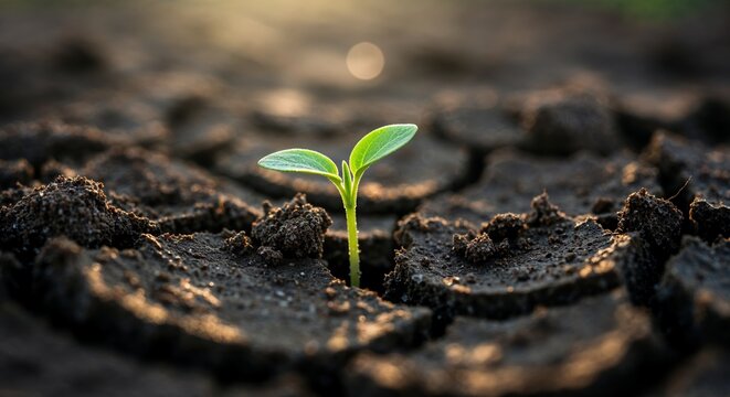 A tiny green seedling bravely emerges from dry, cracked earth under the warm, golden light of dawn, symbolizing resilience and new beginnings.
