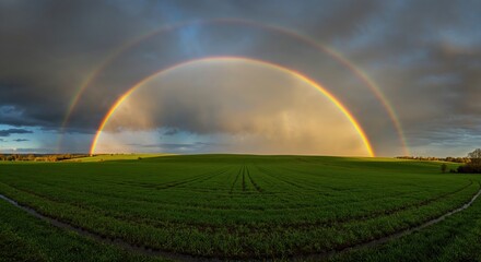 Fototapeta premium A vibrant double rainbow arches dramatically across a wide, lush green field under a striking sky with dark storm clouds and bright sunlight illuminating the horizon.