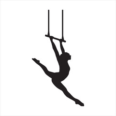 Silhouette of a female acrobat performing on a trapeze showcasing balance strength and athleticism in a minimalist design