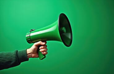 Hand grasps green megaphone projecting loud sound. Person makes public announcement or shares important news. This item signifies promotion or activism in modern media.