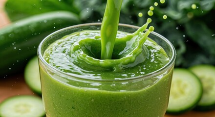 Vibrant green smoothie splashing into a clear glass, with fresh cucumber slices and leafy vegetables arranged on a wooden table.