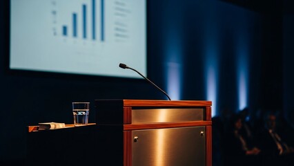 Conference Podium Setup With Data Chart Presentation Background for Business Meetings & Public Speaking