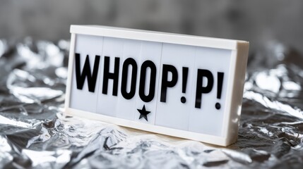 Illuminated sign displaying the word "WHOOP!P!" over a crinkled silver background, perfect for quirky and expressive communication