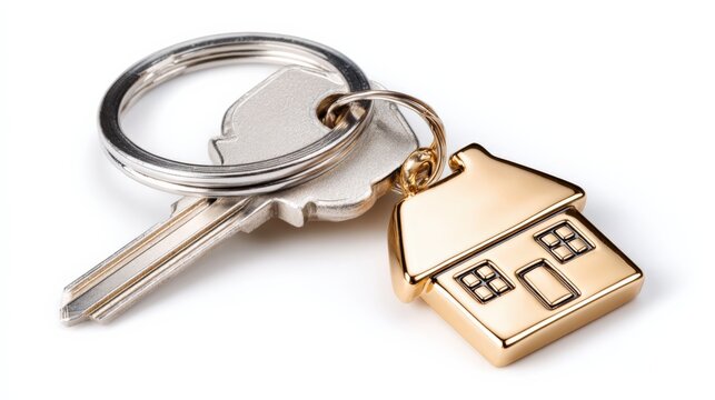 House Key with Charm on White Background, Symbolizing Home Ownership and Real Estate Investment - Powered by Adobe