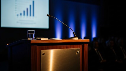Business Presentation Podium with Growth Chart Backdrop Conference Speaker Event Stage Setup