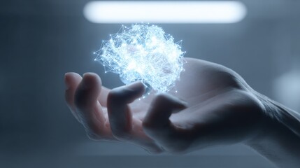 Hand Holding Futuristic Digital Cloud Network with Glowing Connections for Technology Concepts and Innovations