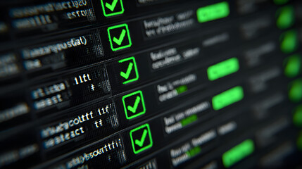 A close-up of a software development environment showing automated test results, with green checkmarks indicating successful tests.