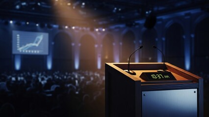 Conference Podium Stage Presentation Business Event Public Speaking Audience Success Stock Photo