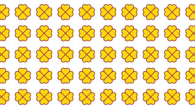 Repeating pattern of yellow four leaf clovers suitable for st. Patricks day designs, backgrounds, or festive holiday decorations.
