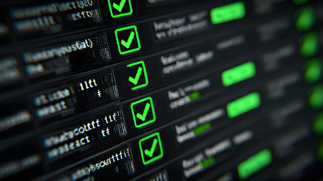 A close-up of a software development environment showing automated test results, with green checkmarks indicating successful tests. - Powered by Adobe